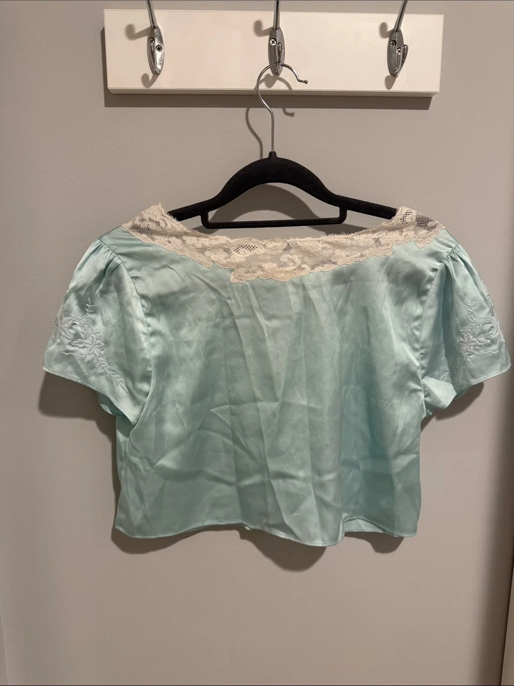 LoveShackFancy Mint Blue Lace-Trim V-Neck Blouse